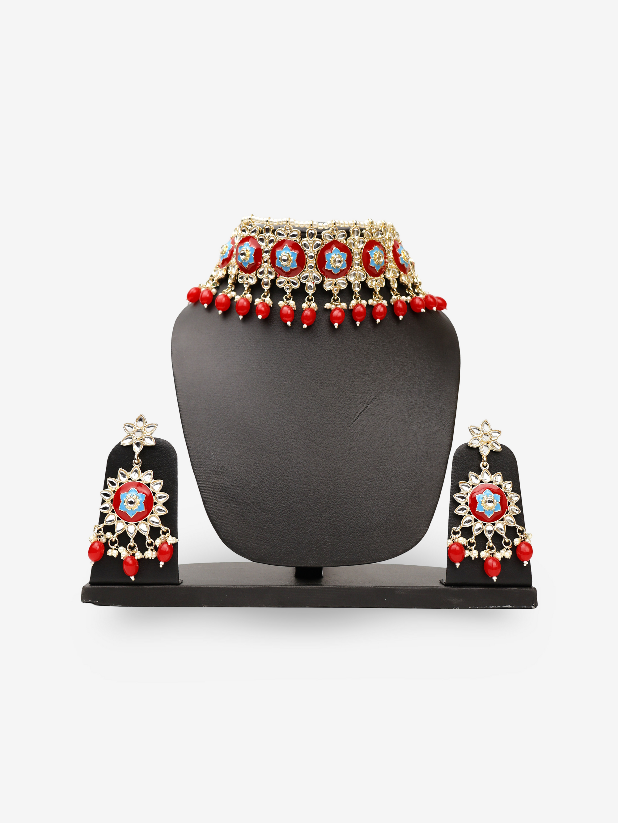 Multicolor Kundan and Pearl Choker Style Necklace Set with Earings and Mang Tikka-0