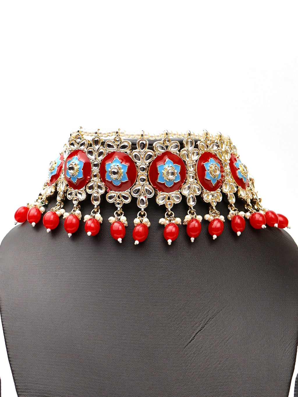 Multicolor Kundan and Pearl Choker Style Necklace Set with Earings and Mang Tikka-3