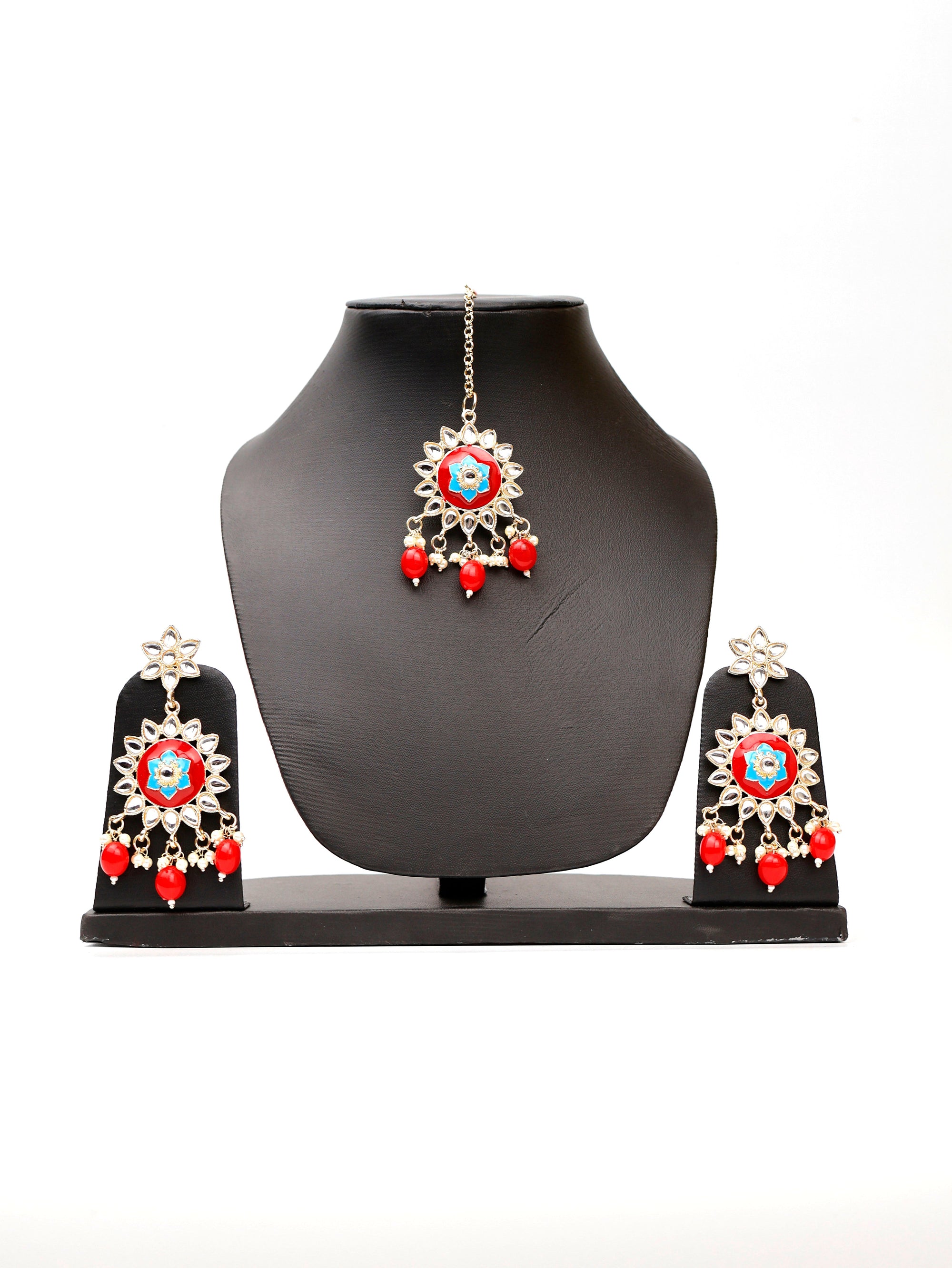Multicolor Kundan and Pearl Choker Style Necklace Set with Earings and Mang Tikka-2
