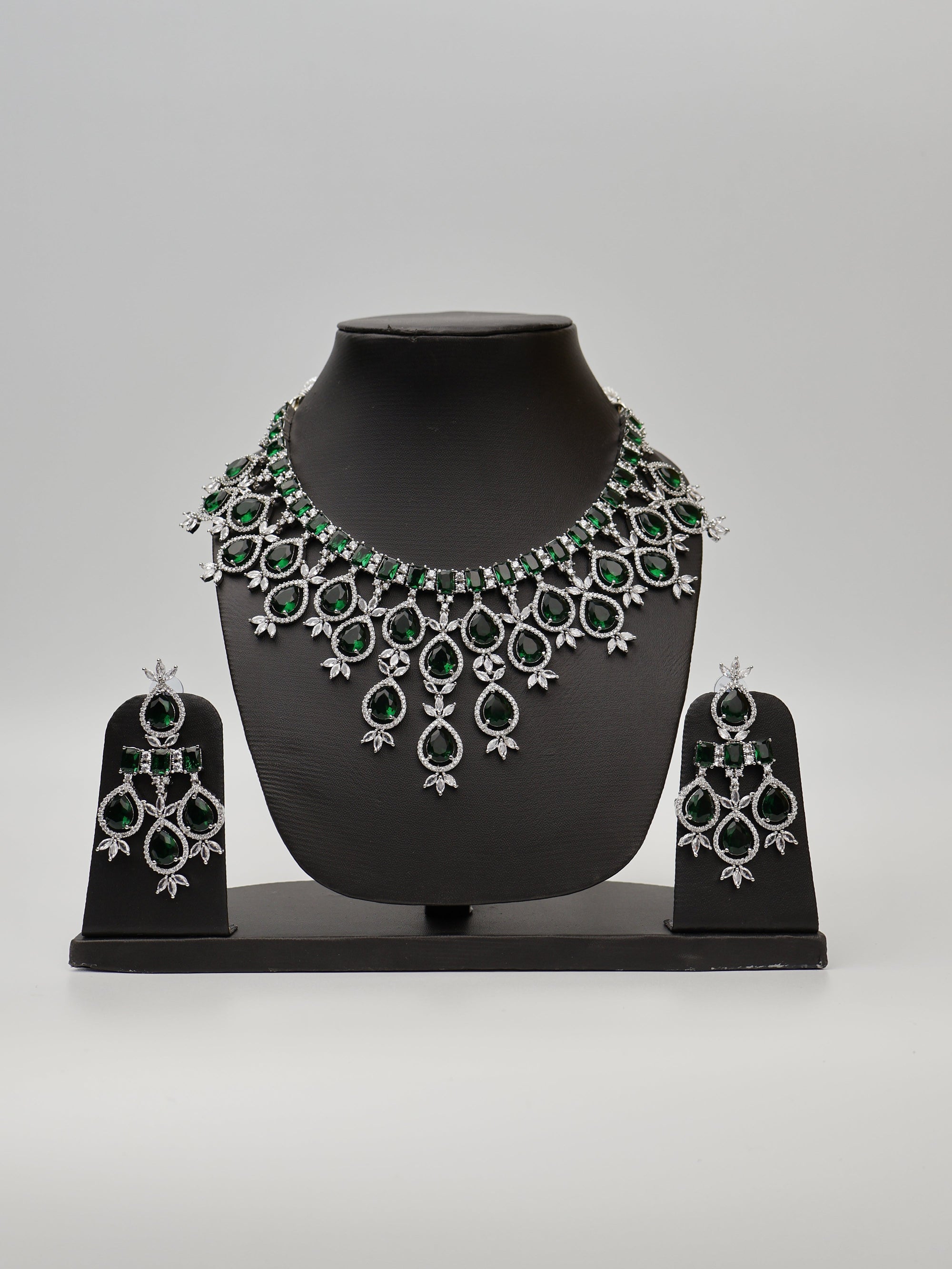 Green Stones Reverse AD Necklace Set with Earings-0