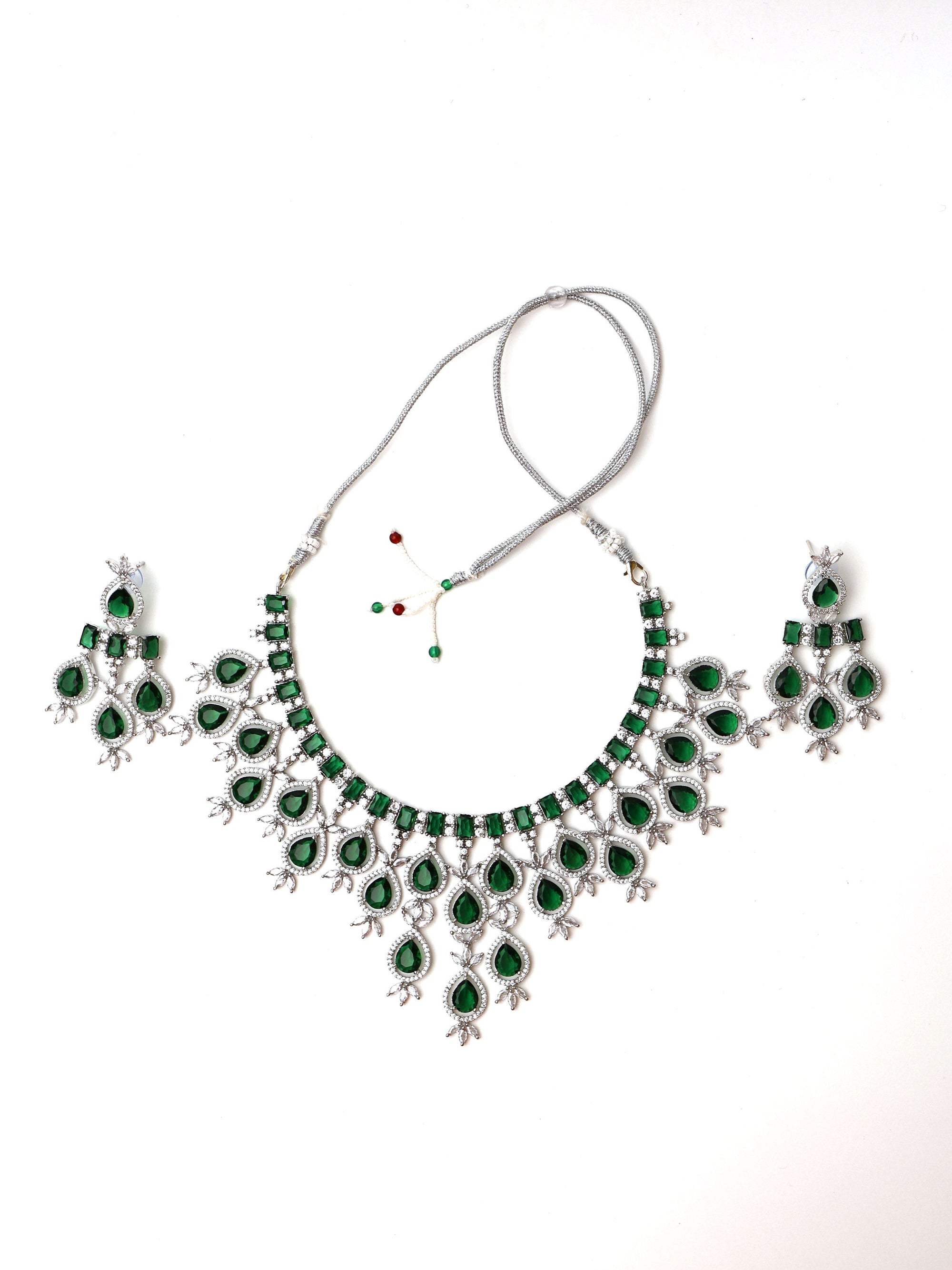 Green Stones Reverse AD Necklace Set with Earings-3